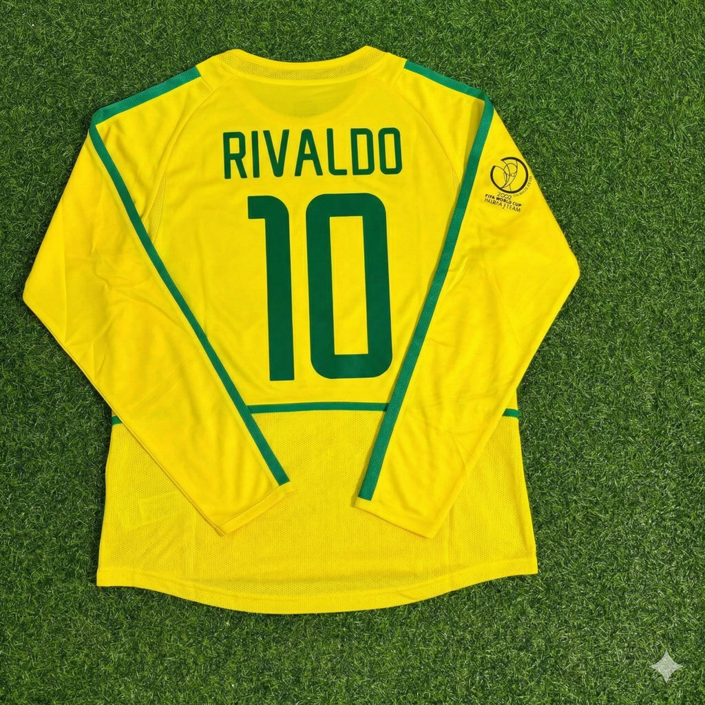 Rivaldo Brazil 2002 World Cup Final Yellow Long Sleeve Retro Football Jersey