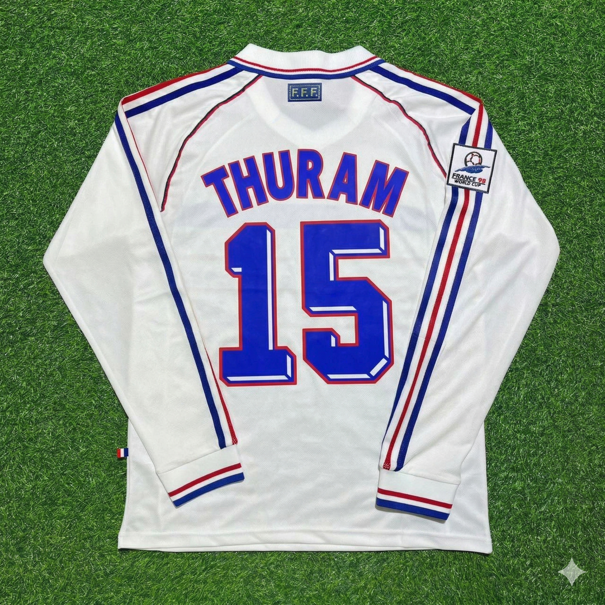 Lilian Thuram #15 Frankreich 1998 WM Auswärts Trikot Langarm Retro Weiß