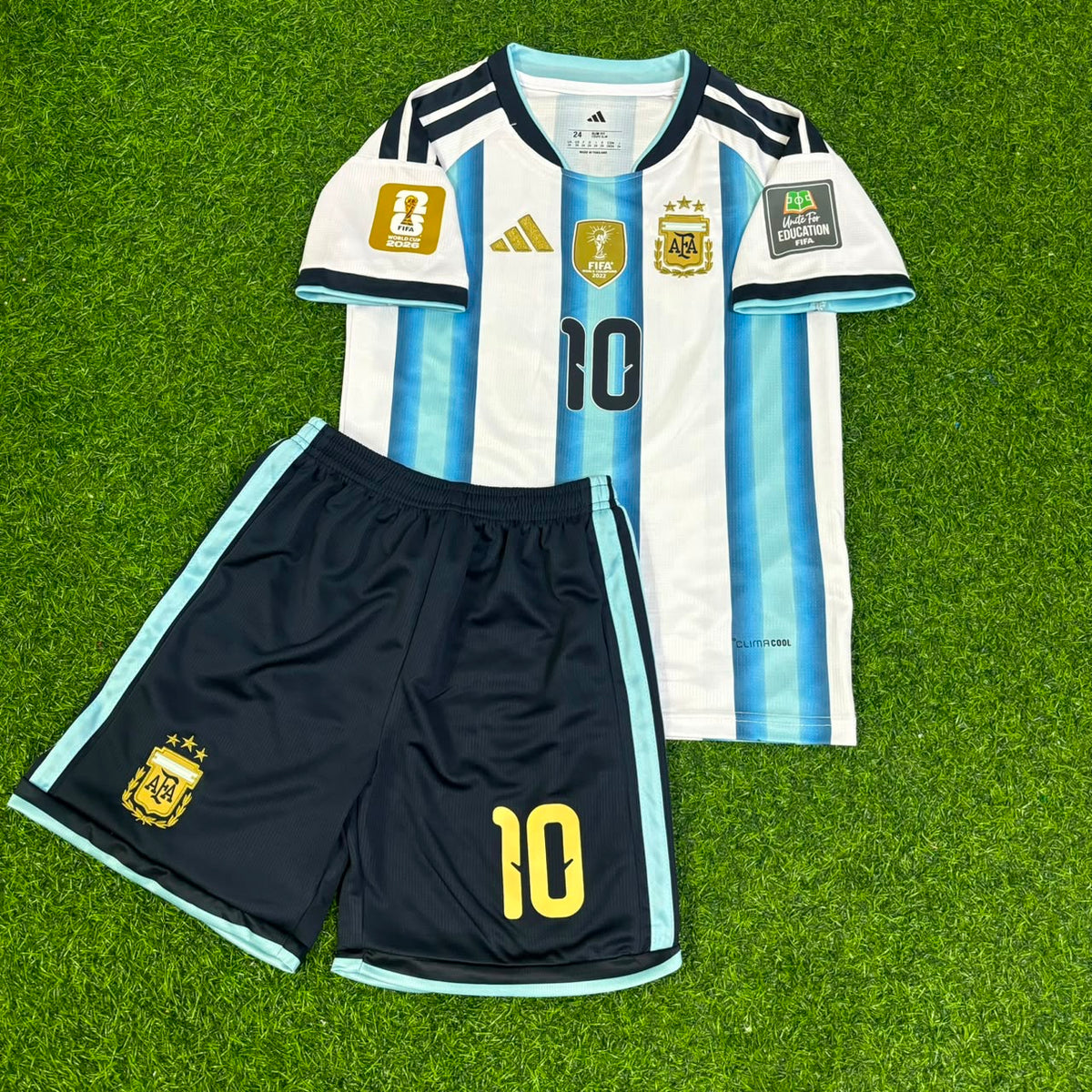 Lionel Messi #10 Argentinien 2026 Weltmeisterschaft Heimtrikot Kinder mit Aufnäher