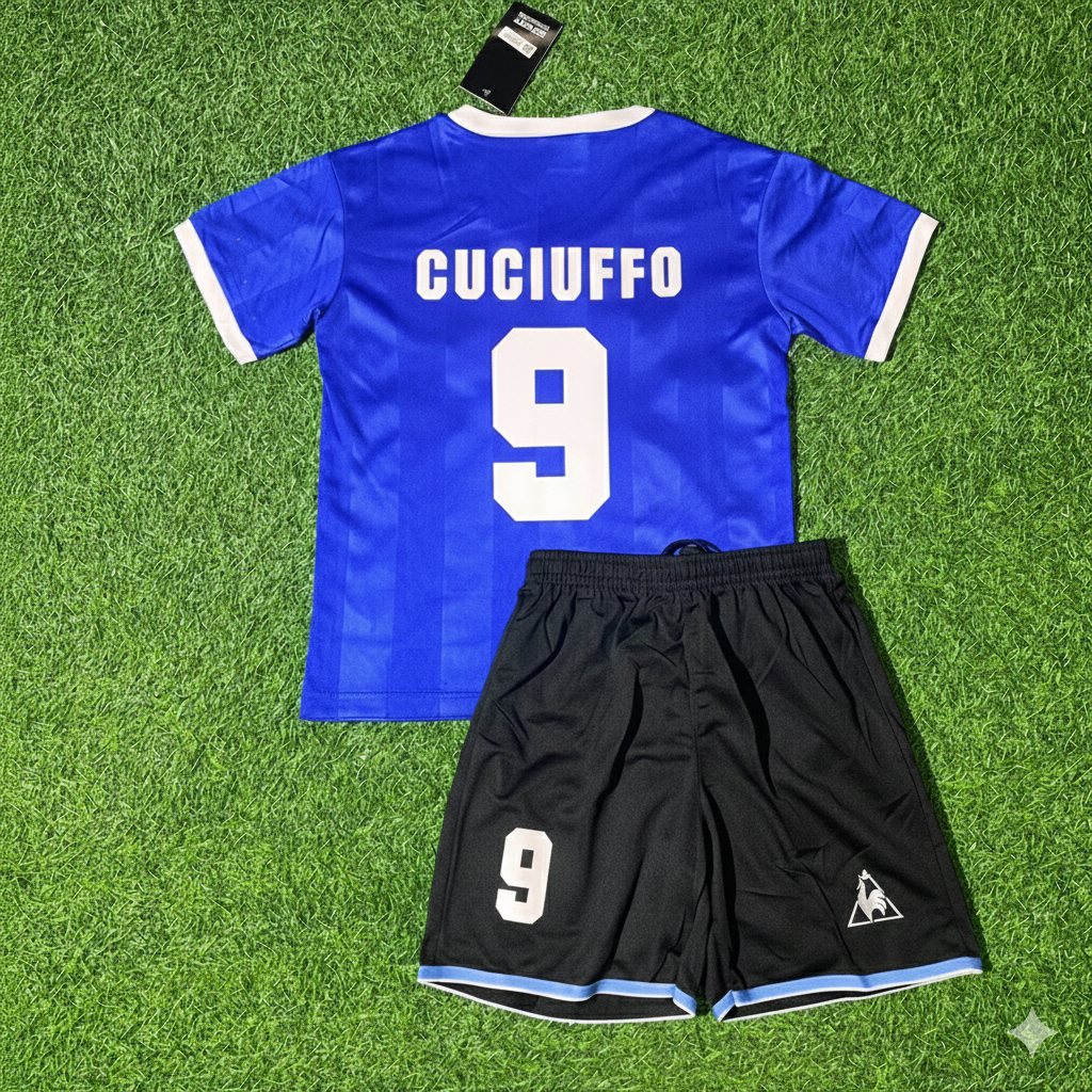 José Luis Cuciuffo 9 - Argentinien 1986 WM-Finale Blaues Retro-Kinder-Fußballtrikot-Set