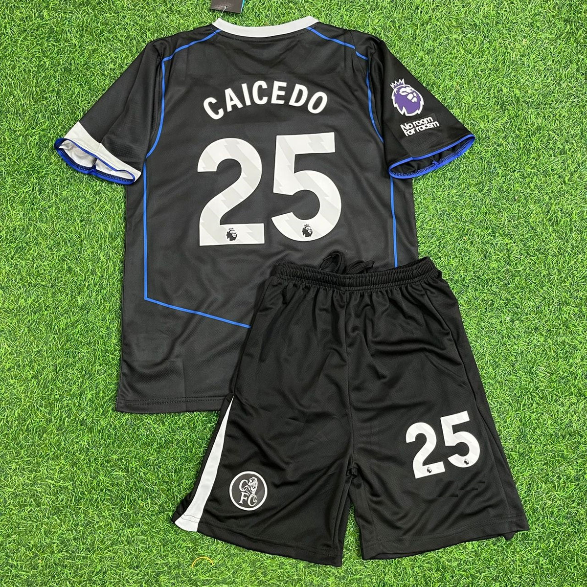 Moisés Caicedo Chelsea 2025 Schwarz Neues Trikot-Set für Kinder
