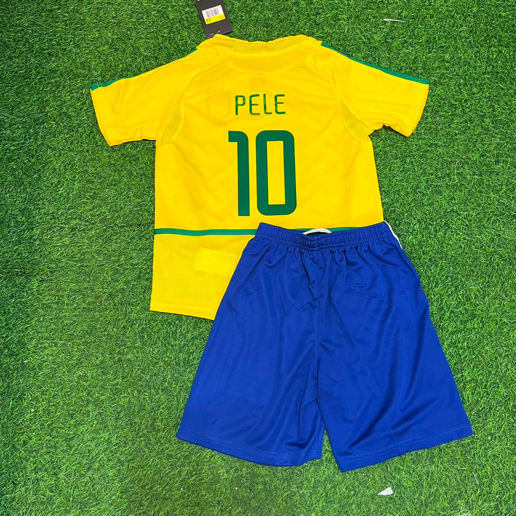 Pele #10 Brazil Retro Kids Soccer Kit Jersey Kinder Trikot Maillot Enfant Soccer Shirt