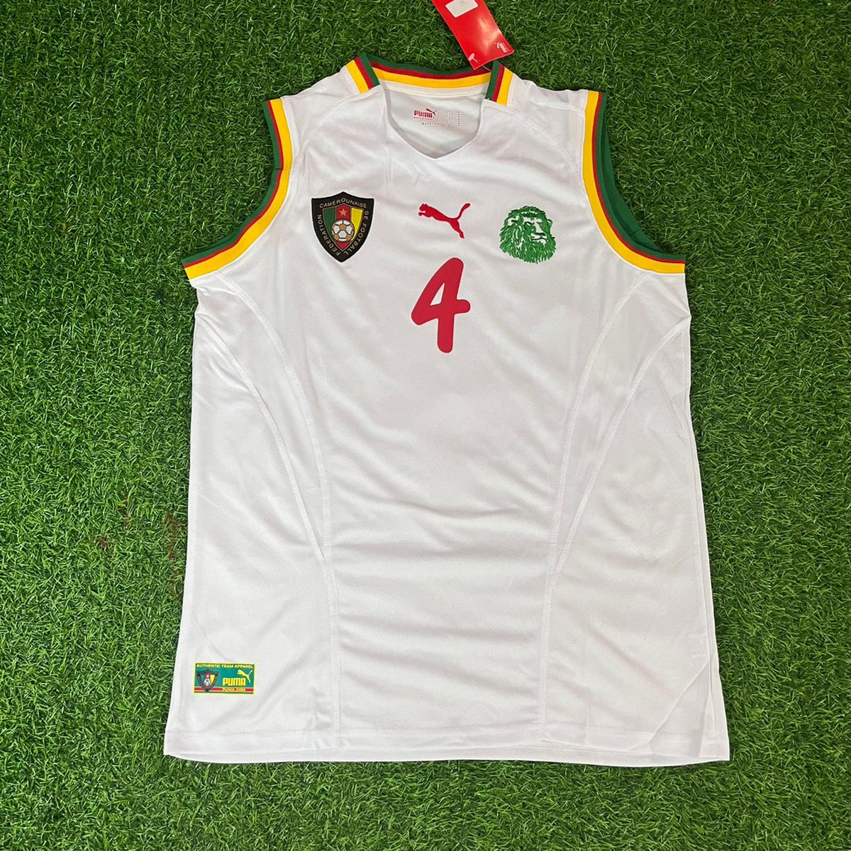 Rigobert Song 4 – Cameroon 2002 World Cup Sleeveless White Kit Jersey – | Trikot | Maillot Soccer Shirt